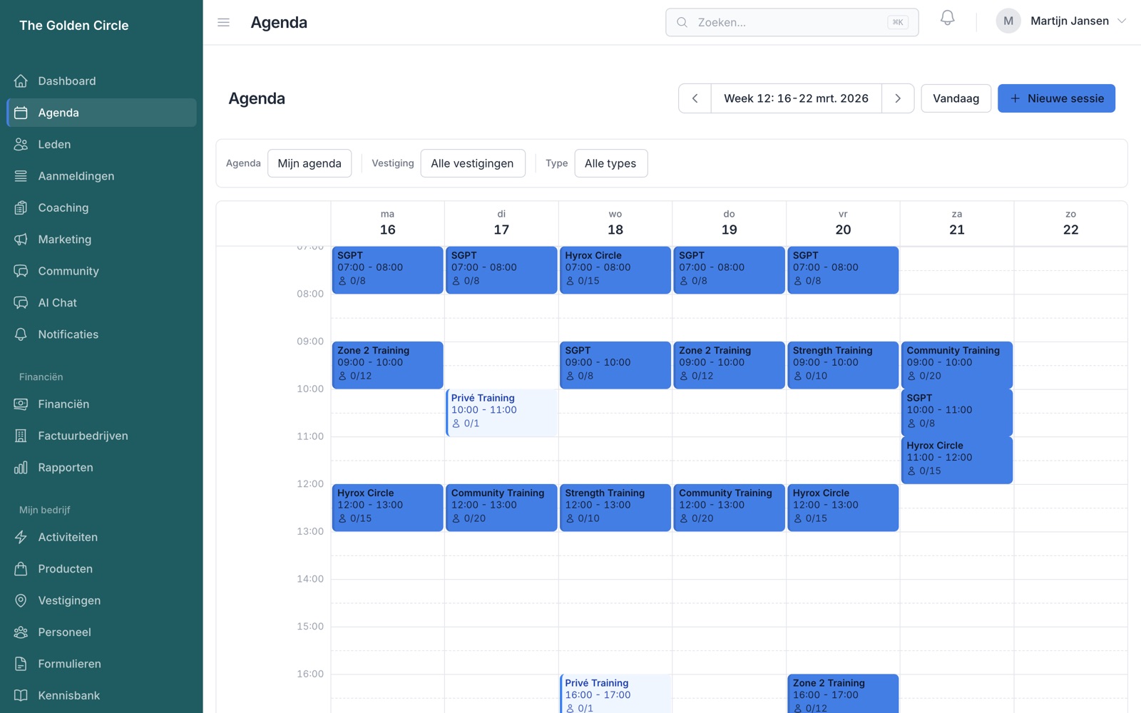 Weekagenda in Gymline met groepslessen en bezetting