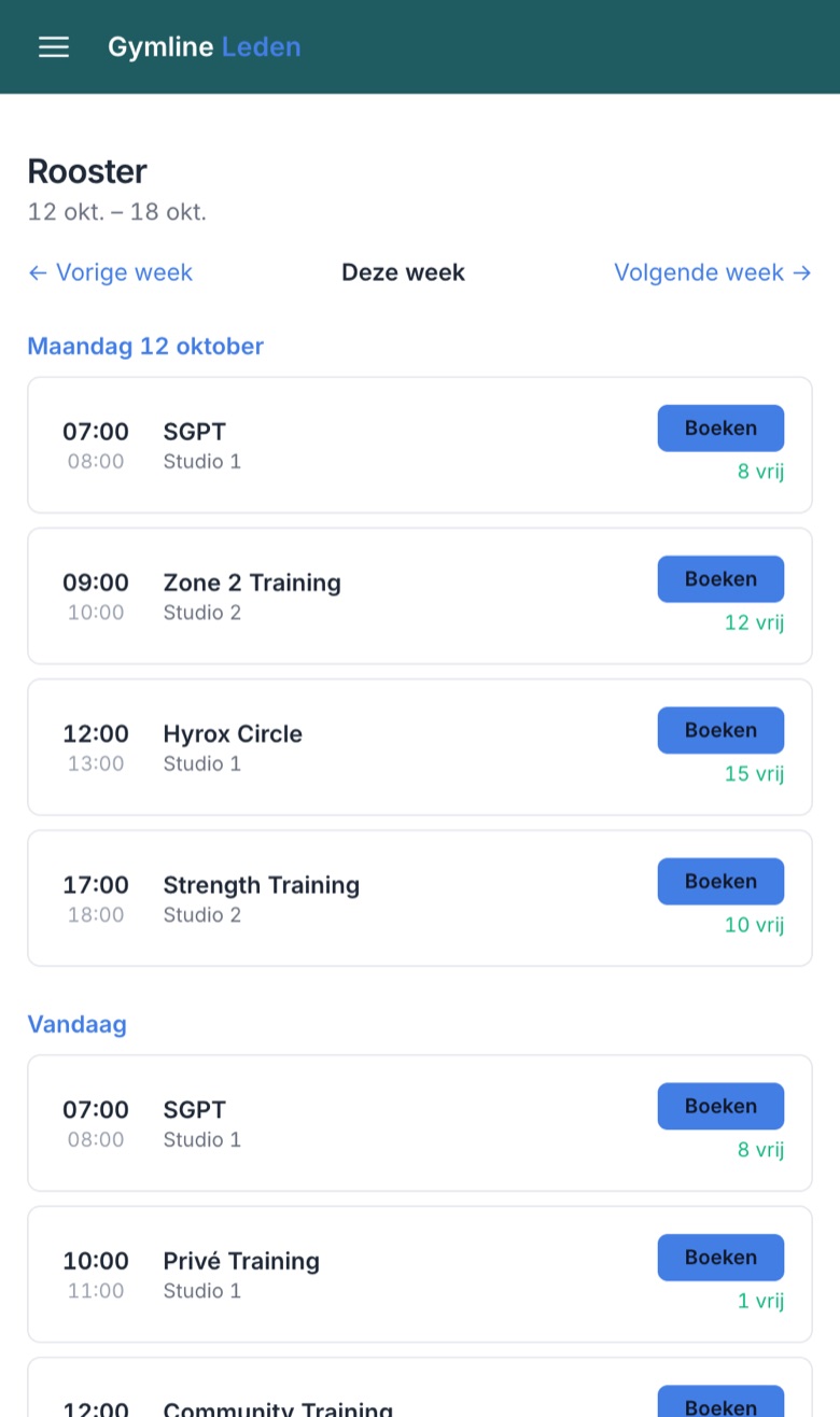 Ledenportaal van Gymline op een telefoon met het lesrooster
